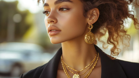 Portrait of a fashionable woman showcasing golden earrings and necklaces, exuding elegance in an urban environmentの素材