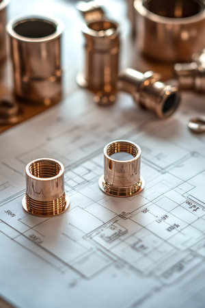 Copper plumbing fittings are lying on an architectural plumbing blueprint, showcasing precision in construction and designの素材