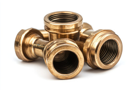 Brass fittings for water pipes are connecting using threaded connection on white backgroundの素材