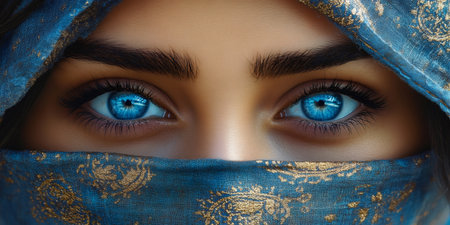 Close-up of a woman with blue eyes wearing a niqabの素材