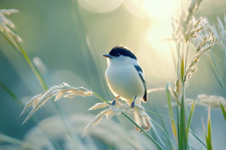 Beautiful small bird perched on a blade of grass enjoying the golden hour sunlightの素材