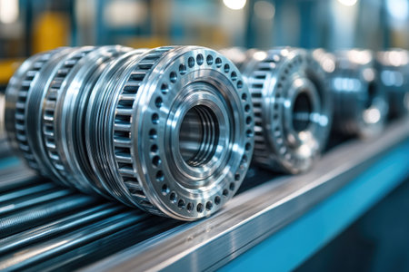 Shiny metal gear wheels lying on a shelf in a production workshop, industrial backgroundの素材