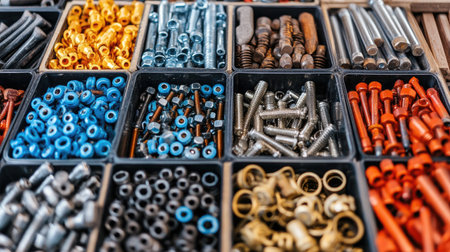 Colorful small metal parts, screws, nuts, and bolts organized in plastic containers, creating a visually appealing arrangementの素材