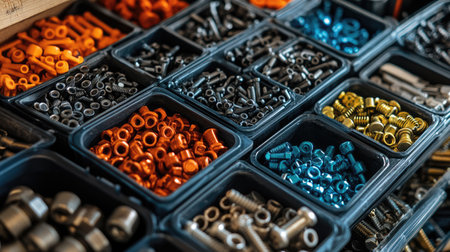 Colorful anodized screws, bolts, nuts and washers are neatly organized in black plastic compartments, showcasing a wide variety of hardware for construction and repair projectsの素材