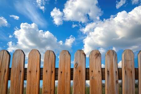 Wooden fence rising to a beautiful cloudy sky, representing concepts like boundary, security and private propertyの素材