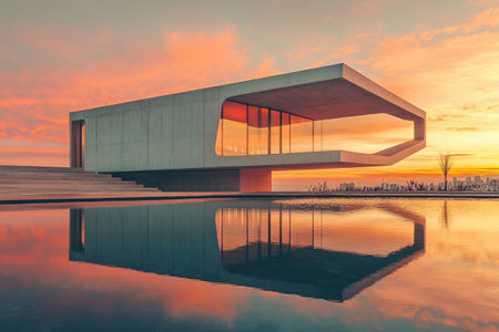Modern concrete building with glass facade reflecting in a pool of water during a vibrant sunsetの素材