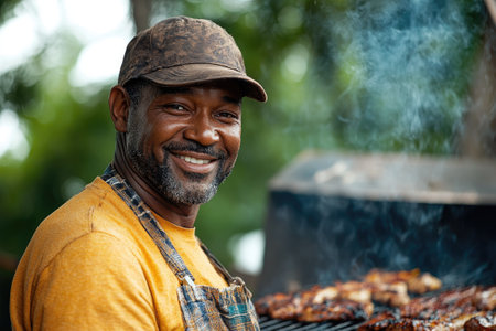 Handsome man smiling and grilling food on a barbecue grill outdoorsの素材
