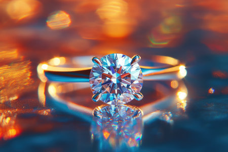 Golden engagement ring with a large diamond is reflecting on a blue surface with warm and cool colored reflectionsの素材