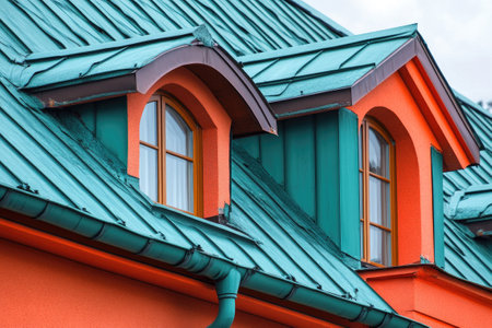 Vibrant green metal roof is protecting a modern house with arched windowsの素材