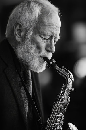 Old man with a white beard intensely concentrating on playing his saxophoneの素材