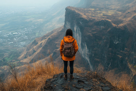 Female hiker is standing on a mountain peak, looking out over a vast valley belowの素材