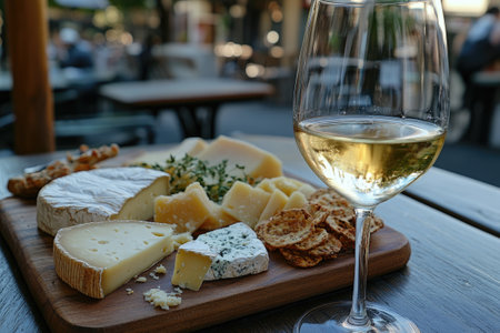 Wooden cheese board with a variety of cheeses and crackers is served alongside a glass of white wine at an outdoor restaurantの素材