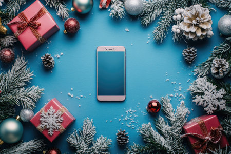 Christmas themed mockup with smartphone surrounded by christmas decorations on blue background with copy spaceの素材