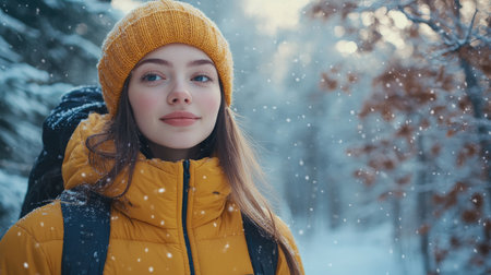 Young woman is enjoying a snowy hike through a beautiful winter forestの素材