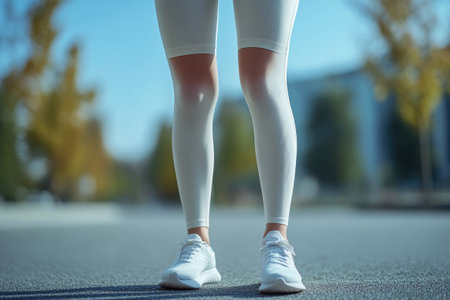 Woman wearing white sneakers and leggings standing still on pavement on a sunny dayの素材