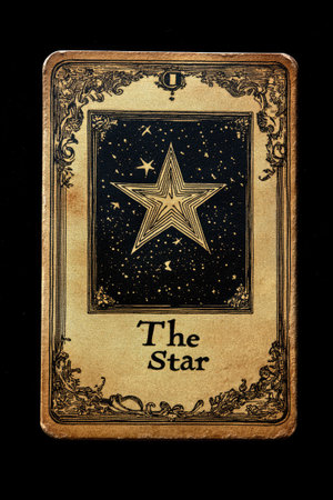 Tarot card representing the star is leaning on a deck of cardsの素材
