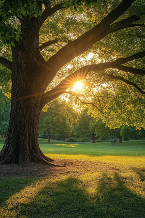 Golden evening sun shining through branches of a tree in a parkの素材