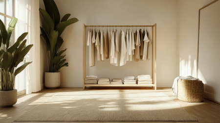 Sunlight streaming through window illuminating white clothing hanging on wooden rack in a room decorated with dried plantsの素材