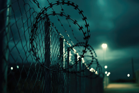 Security fence with loops of sharp razor wire is protecting property at nightの素材