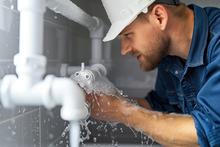 Plumber wearing a hardhat is fixing a leaking water pipe with his handsの素材