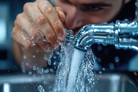 Plumber is fixing a leaking faucet in a kitchen sink, with water splashing everywhereの素材
