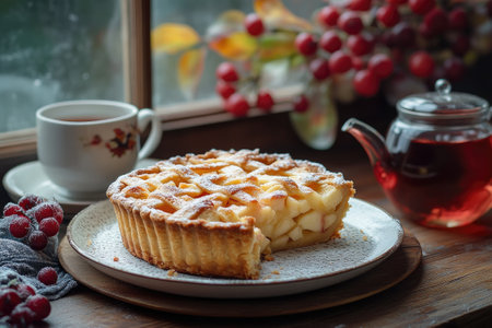 Delicious apple pie with lattice crust dusted with powdered sugar, sitting on a plate by a window with a cup of tea and red berriesの素材