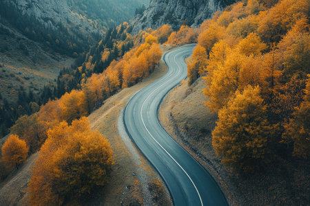 Winding asphalt road is running through a mountain pass covered with colorful autumn forestの素材