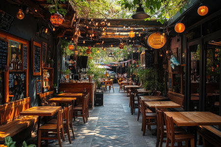 Wooden tables and chairs sit on an empty outdoor restaurant patio, decorated with plants and string lightsの素材