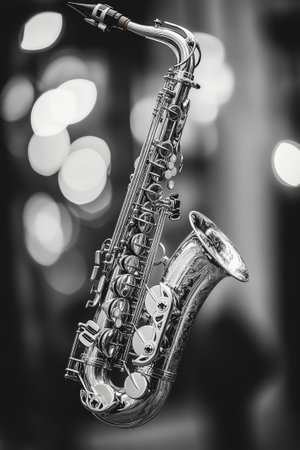 Shiny saxophone is standing out from a blurred background, in black and whiteの素材