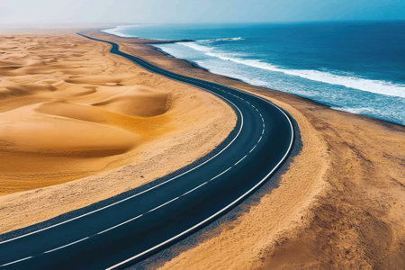 Aerial view of an asphalt road winding along the coast, separating the blue ocean from the vast desertの素材