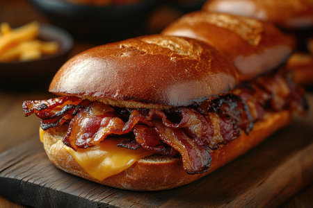 Toasted bacon and cheese sandwich is being prepared on a cutting boardの素材
