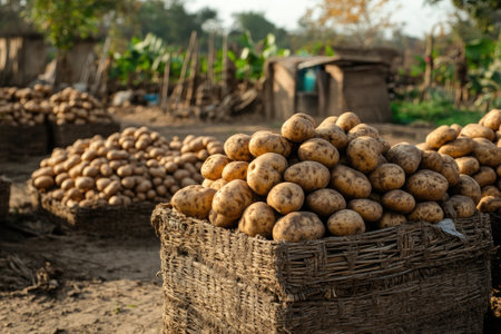 Freshly harvested potatoes drying in wicker baskets at a farm, bathed in warm natural sunlightの素材