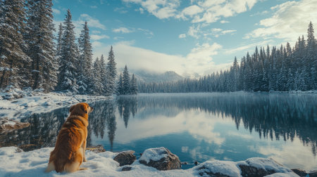 Golden retriever dog is sitting on a snowy bank by a lake, enjoying the peacefulness of a winter wonderlandの素材