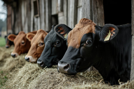 Group of cows eating hay in a barn on a farmの素材