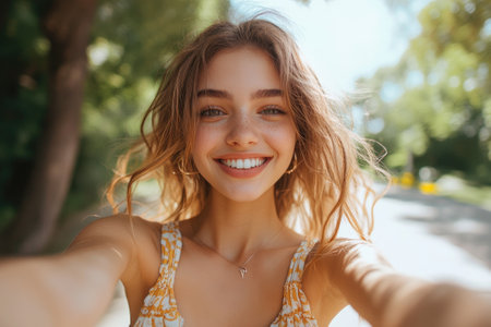 Beautiful young woman with long hair is smiling brightly while taking a selfie in a parkの素材
