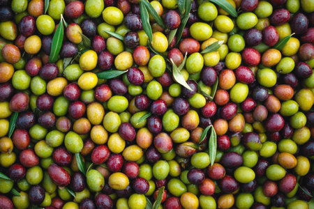 Scattering of freshly harvested olives, wet with dew, makes for an appealing backgroundの素材
