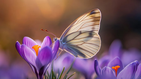 Delicate white butterfly with intricate wing patterns is gently perched on a vibrant purple crocus flower, its proboscis extended to collect nectarの素材