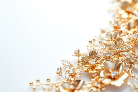Golden flowers with diamonds are forming a border on a white background with copy spaceの素材
