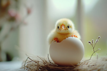 Cute newborn chick is sitting in a nest and hatching out of a white eggの素材