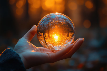 Hand holding a lens ball reflecting a sunset in a forestの素材