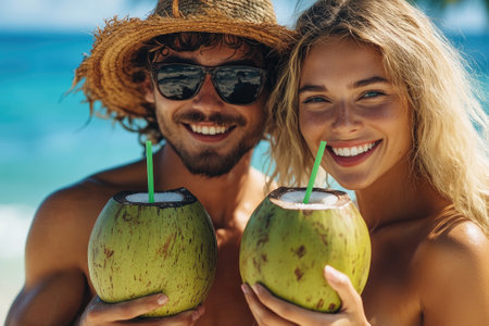 Man and woman are enjoying refreshing coconut drinks on a sunny beachの素材