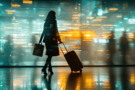Businesswoman is walking through a busy airport terminal at night, pulling her luggage behind herの素材