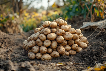 Pile of freshly dug potatoes is lying on the ground in a field, ready for collectionの素材