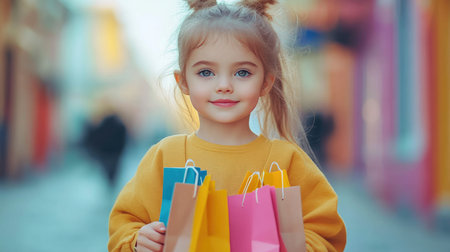 Young girl is smiling while holding colorful shopping bags at an outdoor mallの素材