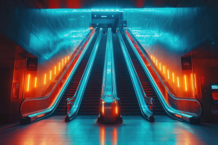 Modern building interior with three empty escalators illuminated in blue and orange neon lightsの素材