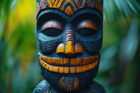 First nations totem pole is standing in the forest, with a blurred backgroundの素材