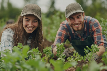 Two young farmers tending to young crops in their field, leaning towards the camera and smilingの素材