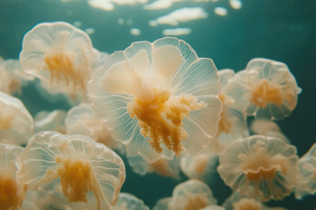 Many moon jellyfish with translucent bells and visible internal structures are swimming in dark turquoise waterの素材