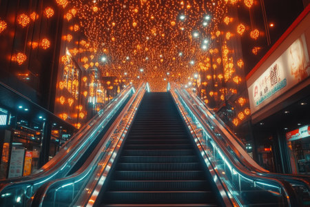 Escalator in a shopping mall going up to a beautiful glowing ceiling decorated with lightsの素材