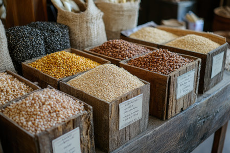 Colorful grains and legumes are displayed in rustic wooden crates at a farmers marketの素材